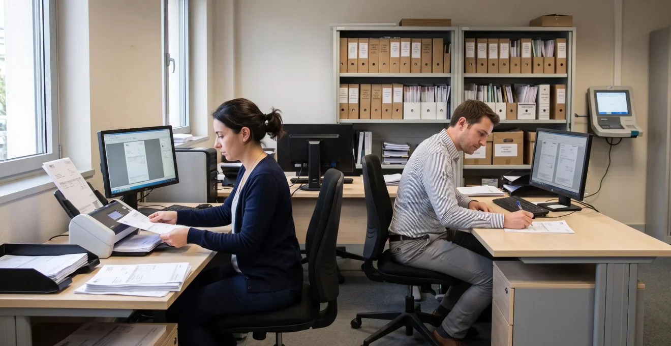 Deux employés traitent des factures dans un back office de PME : numérisation à la capture, vérification sur écran et boîtes d'archivage étiquetées sur une étagère.