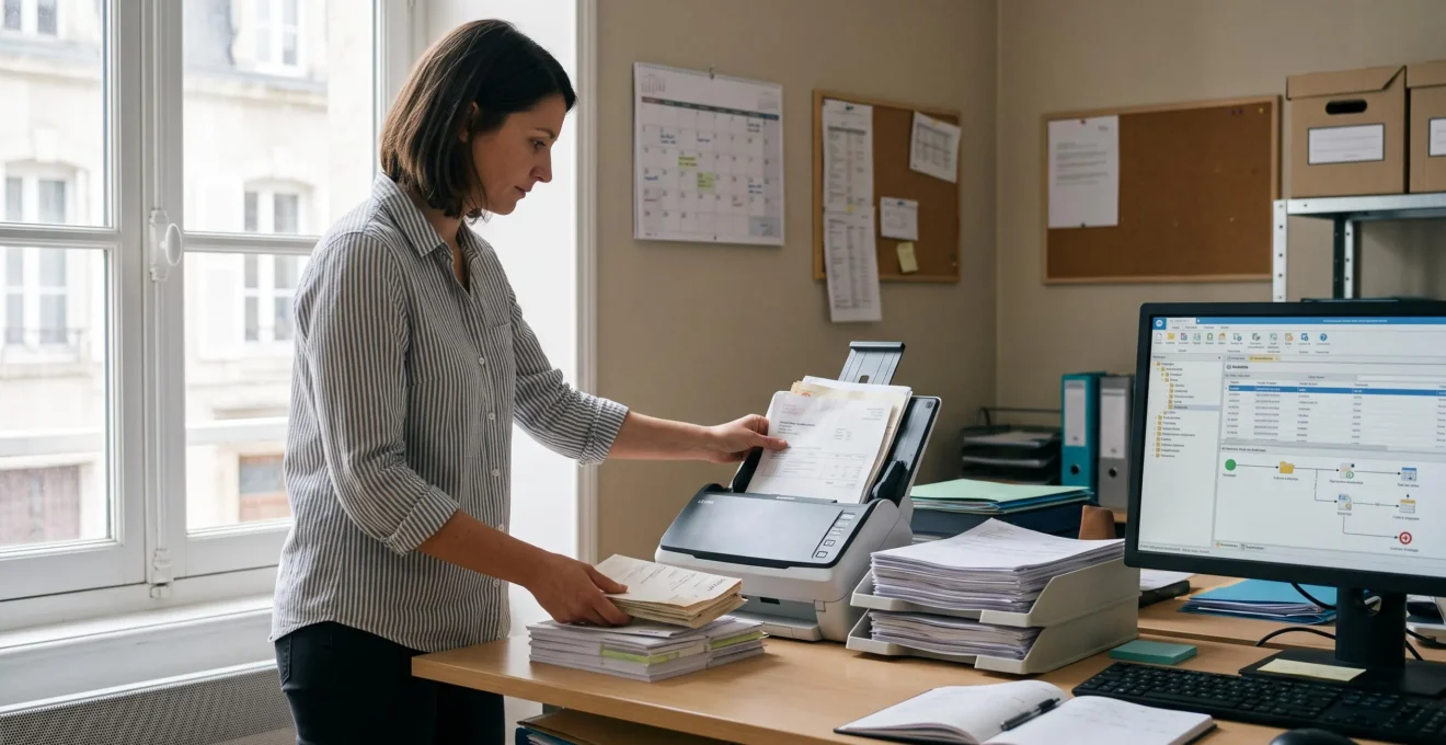 Une employée administrative numérise une pile de factures papier sur un scanner dans un bureau de PME, à côté d'un poste de travail organisé pour la facturation électronique.