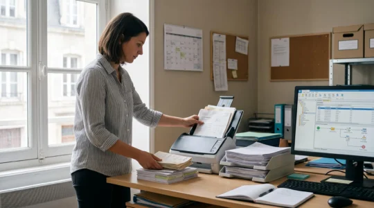 Une employée administrative numérise une pile de factures papier sur un scanner dans un bureau de PME, à côté d'un poste de travail organisé pour la facturation électronique.