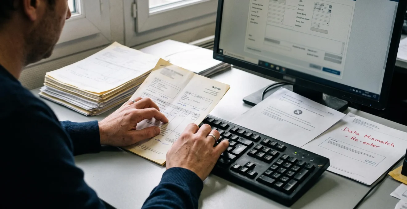 Mains d'une employée ressaisissant manuellement les données d'une facture papier sur un clavier, avec une pile de factures en attente sur le bureau.